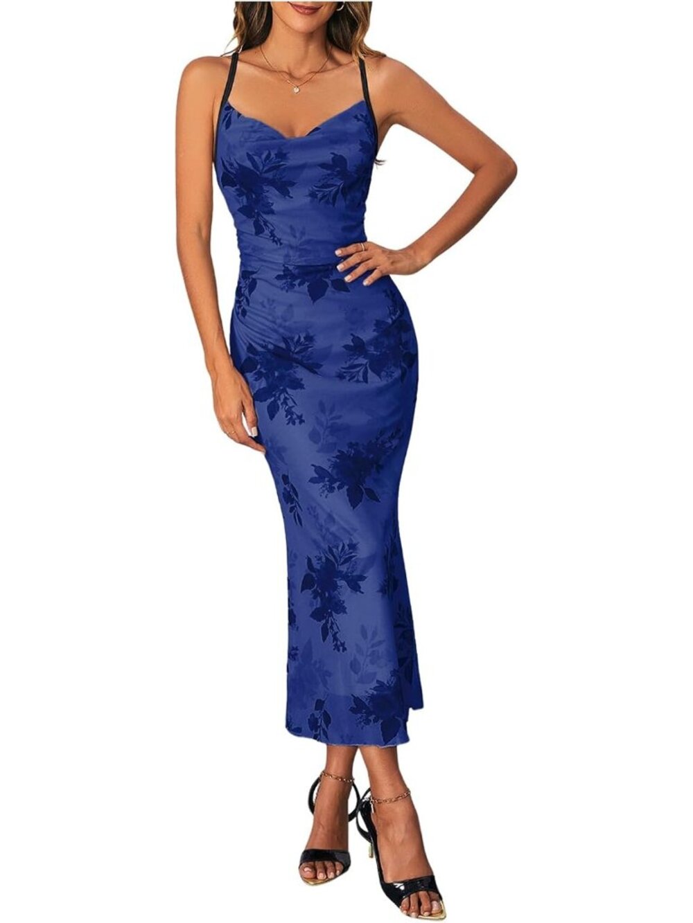 Women's Royal Blue Cowl Neck Floral Sleeveless Cocktail Bodycon Maxi Dress